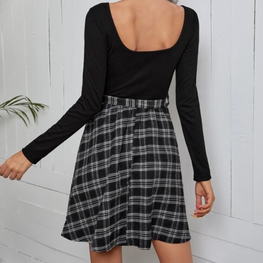 Plaid Scoop Neck Belted Combo Dress - Picture 4 of 5
